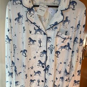 PJ Salvage Women’s Pajamas.  White with Blue Horse Print.